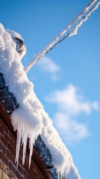 Icicles and Snow-covered Roof Edge under a Clear Blue Winter Sky