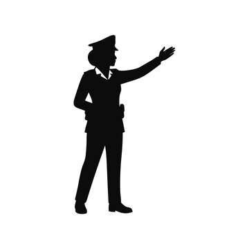 Female police officer in uniform gesturing and directing traffic silhouette