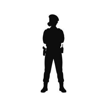 Silhouette of a female police officer standing with arms crossed wearing tactical gear