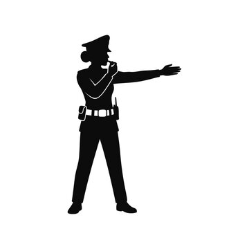 Silhouette of a female police officer blowing a whistle and directing traffic with hand gesture