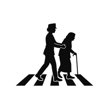 Female police officer assisting elderly woman with cane on pedestrian crossing silhouette