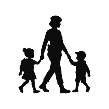 Female police officer walking and holding hands with two school children