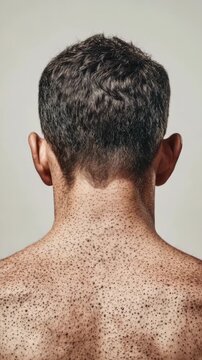 Close-up of a man's head with gray hair and hairy neck and back