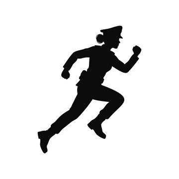 Silhouette of a female police officer in uniform sprinting during a chase