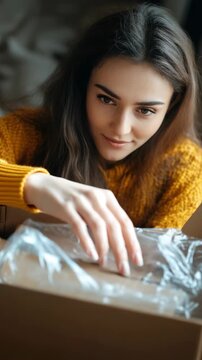 Happy woman unboxing a package from a cardboard box