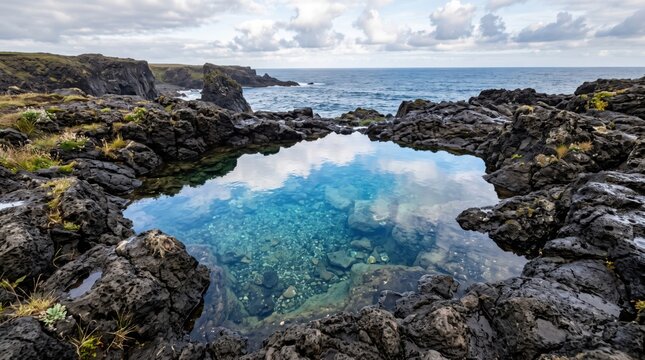 Clear volcanic rock pool reflecting clouds by the ocean coast