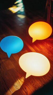 Glowing Speech Bubbles in Blue, Orange, and Yellow on Wooden Floor