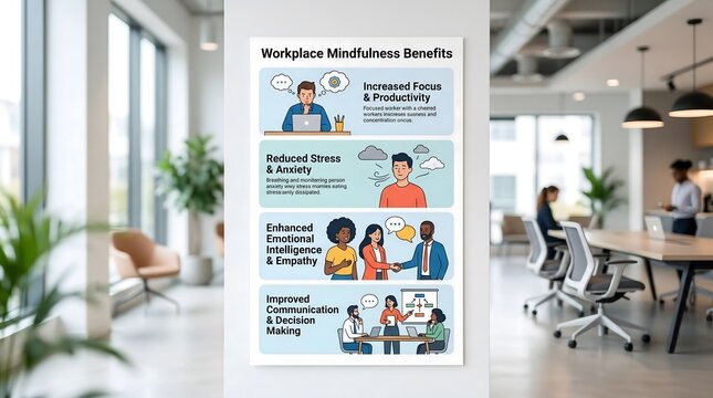 Workplace Mindfulness Benefits Infographic Poster Hanging on Modern Office Wall