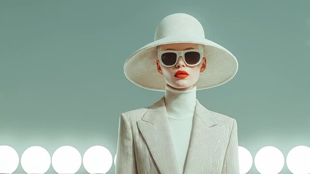 Elegant woman in white hat and sunglasses against stylish modern backdrop with lights