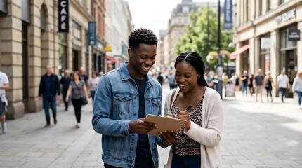 Obraz premium Happy young couple filling survey clipboard walking downtown city street