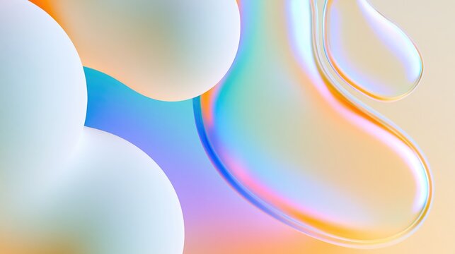 Growth depicted by iridescent translucent fluid ribbons and matte spheres in soft pastel colors