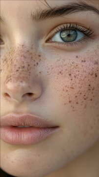 Extreme Close-up of a Woman's Face with Freckles and Blue Eye