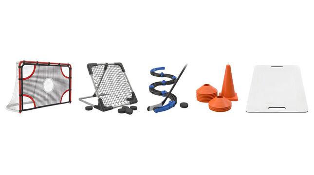 Professional hockey training equipment set, ice hockey practice gear collection, orange cones and rebounder net on white background