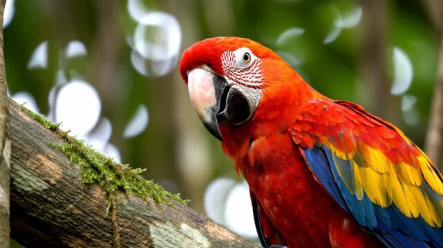 Scarlet Macaw Parrot Perched on a Tree Branch in Tropical Rainforest