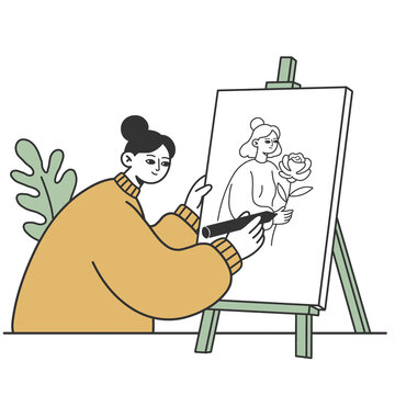 キャンパスに絵を描く女性（植物・描画）