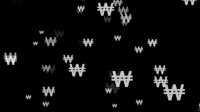 South Korean Won animation. The Won currency moves forward with a zoom effect. South Korean currency logo. Black background, 4K video.