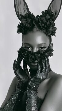 Elegant model in floral mask and glittering gloves strikes artistic poses