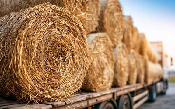 Round hay bales on transport truck trailer at sunset