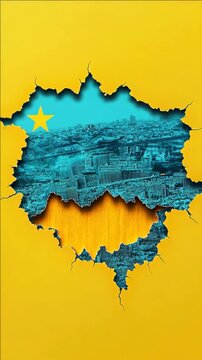Torn Paper Effect Revealing Blue Cityscape with a Yellow Star