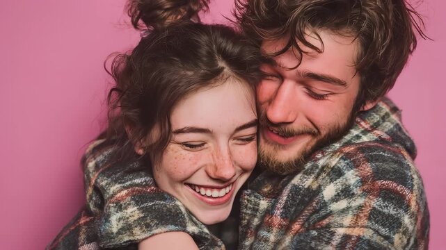 Joyful embrace: smiling couple in cozy plaid shirts on pink background