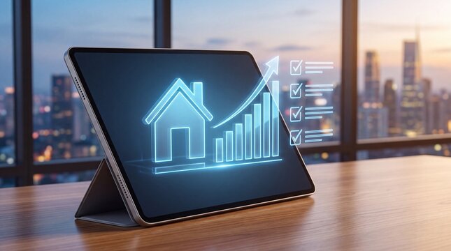 Real estate market growth chart on tablet screen, digital property investment data, rising house prices graph in modern office