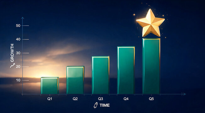 Golden star ornament on top of rising financial bar chart success