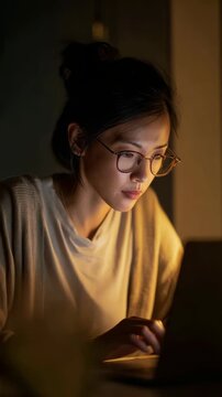Focused Young Woman with Glasses Working on Laptop in Warm Night Lighting