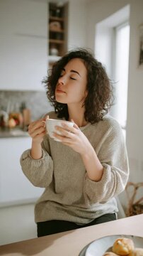 Woman with Curly Hair Enjoying a Warm Drink in a Sunlit Kitchen