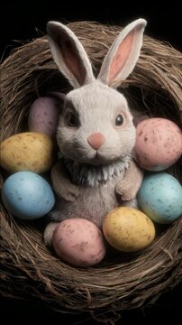 Cute White Rabbit in a Nest with Pastel Easter Eggs