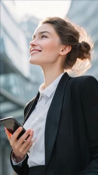 Smiling woman in blazer holding smartphone and looking up