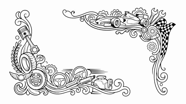 Black and white racing themed decorative border featuring automotive parts and checkered flag design elements
