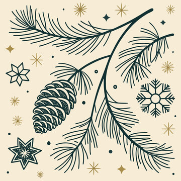 Elegant Christmas pine branch background with pinecone and snowflakes