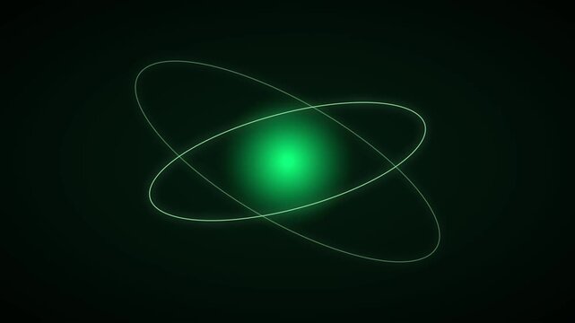 Abstract green neon atom orbiting motion background: glowing science particle energy concept animation 4k