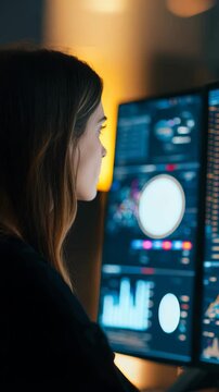 Woman Monitoring Data Analytics and Charts on a Computer Screen