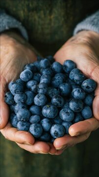 Rustic Hands Holding a Handful of Fresh Blueberries