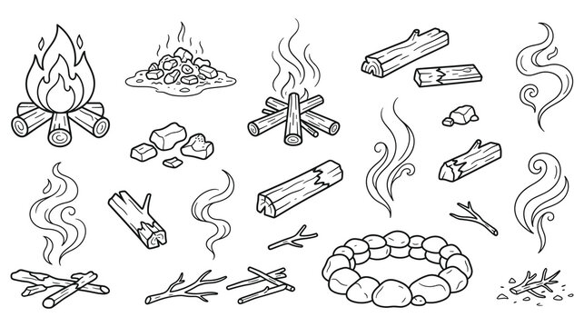 Campfire fire pit equipment elements outline icon set.