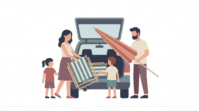 Family loading car for vacation. 
