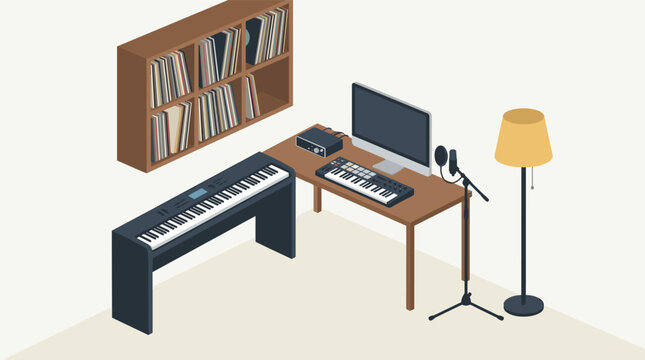 Isometric view of a home music studio corner with keyboards, computer, microphone, and record shelf