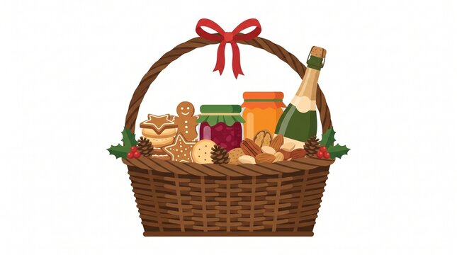 A holiday gift basket filled with festive treats, jams, nuts, and a bottle of champagne, tied with a red ribbon. 
