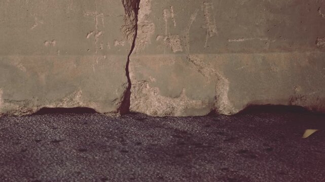 A large stone with markings shows signs of age and wear. It lies on the ground surrounded by soil and small plants. Sunlight shines down, highlighting the texture of the stone.