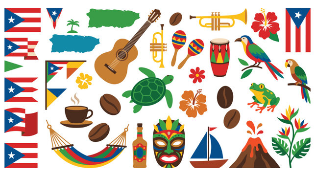 Puerto Rican cultural symbols and tropical elements for travel.