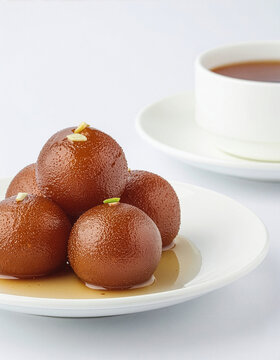 Stack Of Gulab Jamun Indian Dessert Balls Drizzled With Syrup Served With Tea On White Plate