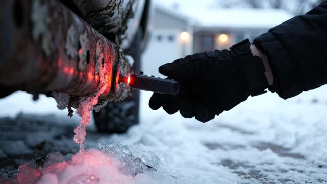 Gloved hand attaching red tracking device to rusty car in snow.
