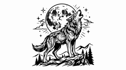 Fototapeta premium Black line art illustration of a howling wolf standing on a rocky cliff with moon with rocky hill trees