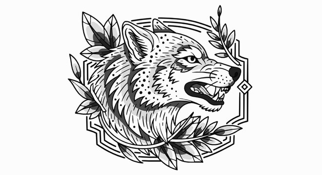 Black and white illustration of a snarling wolf head surrounded by decorative leaves with monochromatic vector illustration