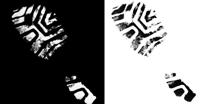 Boot sole imprint on black and transparent background showing tread pattern.
