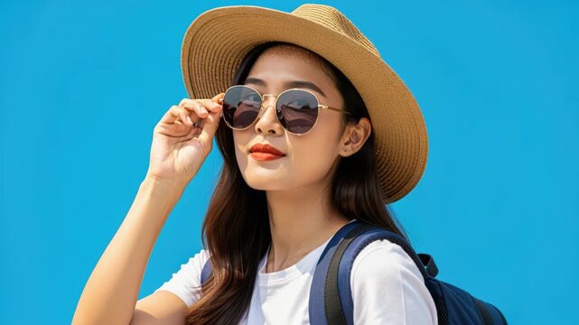 Sunny Adventure Awaits: A radiant young woman dons a wide-brimmed hat and sunglasses, her hand adjusting them as she gazes into the distance with a sense of adventure under a vibrant blue sky.