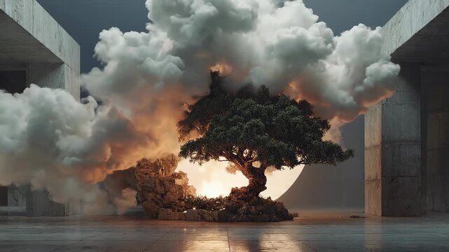 Lonely tree endures explosive transformation amidst concrete ruins