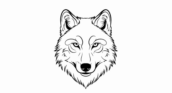 A detailed black and white line art illustration of a wolf head icon design with isolated white background