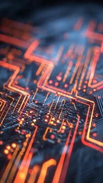 Abstract 3D Render of a Glowing Microchip Circuit Board with Data Pathways